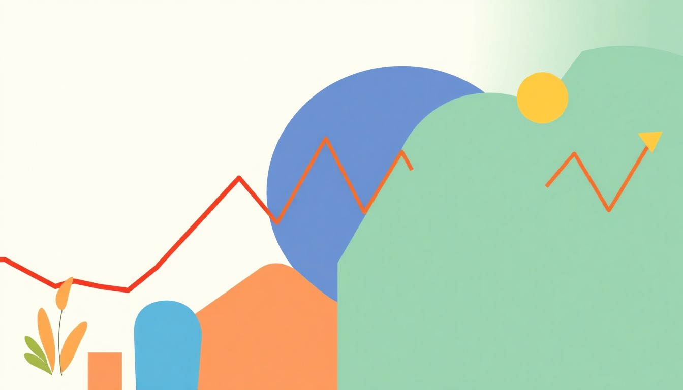 An abstract illustration using simple shapes and primary colors to conceptually represent the fluctuations and interconnectedness of global commodity markets.