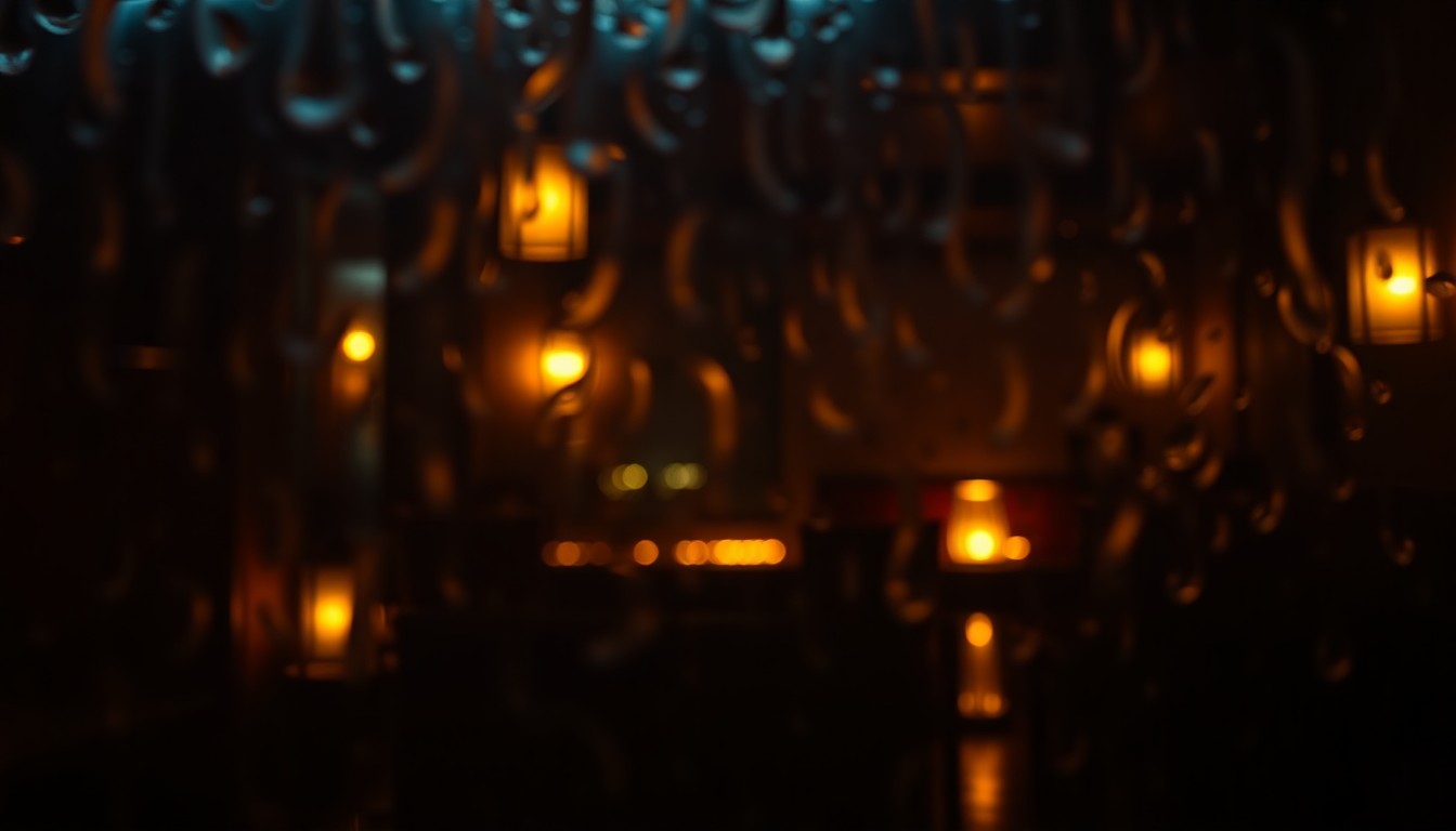 An extremely blurred, abstract image of a dimly lit interior space with hints of warm, glowing light and reflections, conveying the cozy, sensual ambiance of a Japanese-inspired cocktail bar.