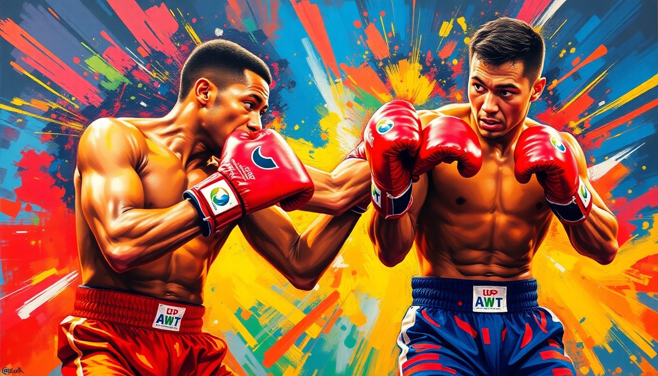 An abstract, energetic painting featuring bold, neon-colored brushstrokes that capture the dynamic movements and intensity of a boxing match between two fighters.