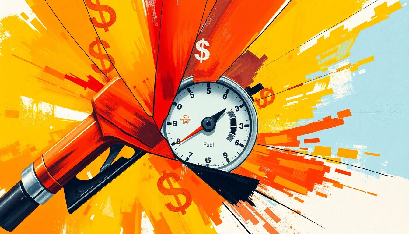 An avant-garde painting of a moving gas pump nozzle, fuel gauge, and dollar signs repeated in overlapping, fractured, geometric waves of bright orange, red, and yellow, conveying the turbulent nature of gas prices and their political impact.