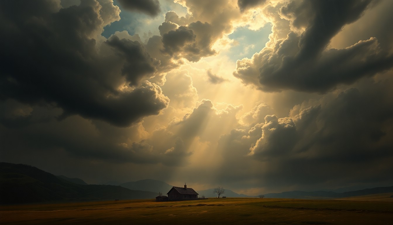 A sweeping, atmospheric landscape painting in muted tones of gray, blue, and green, with a small farmhouse or other rural structure barely visible in the distance, dwarfed by the dramatic, turbulent clouds and heavy rain that dominate the scene, conveying the overwhelming, sublime scale of the natural disaster.