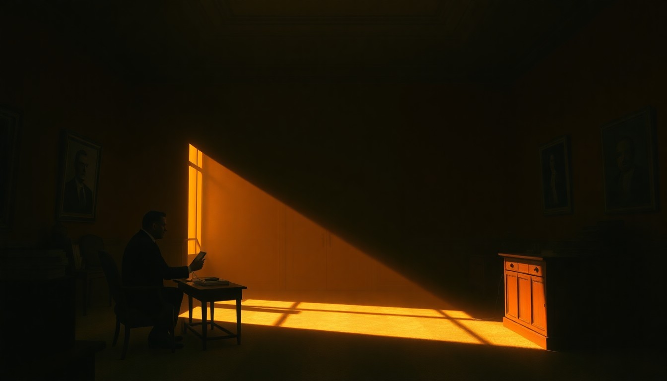 A dimly lit government office with a solitary figure sitting at a desk, the scene bathed in warm, diagonal sunlight and deep shadows, conceptually illustrating the opacity surrounding Kushner's political and business dealings.