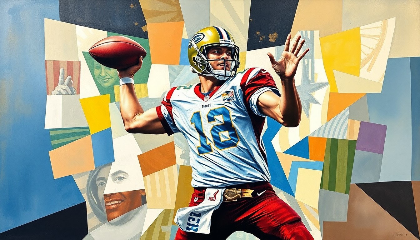 A fragmented, geometric painting depicting the throwing motion of a quarterback, with the figure and ball broken down into sharp, overlapping planes of color and form.