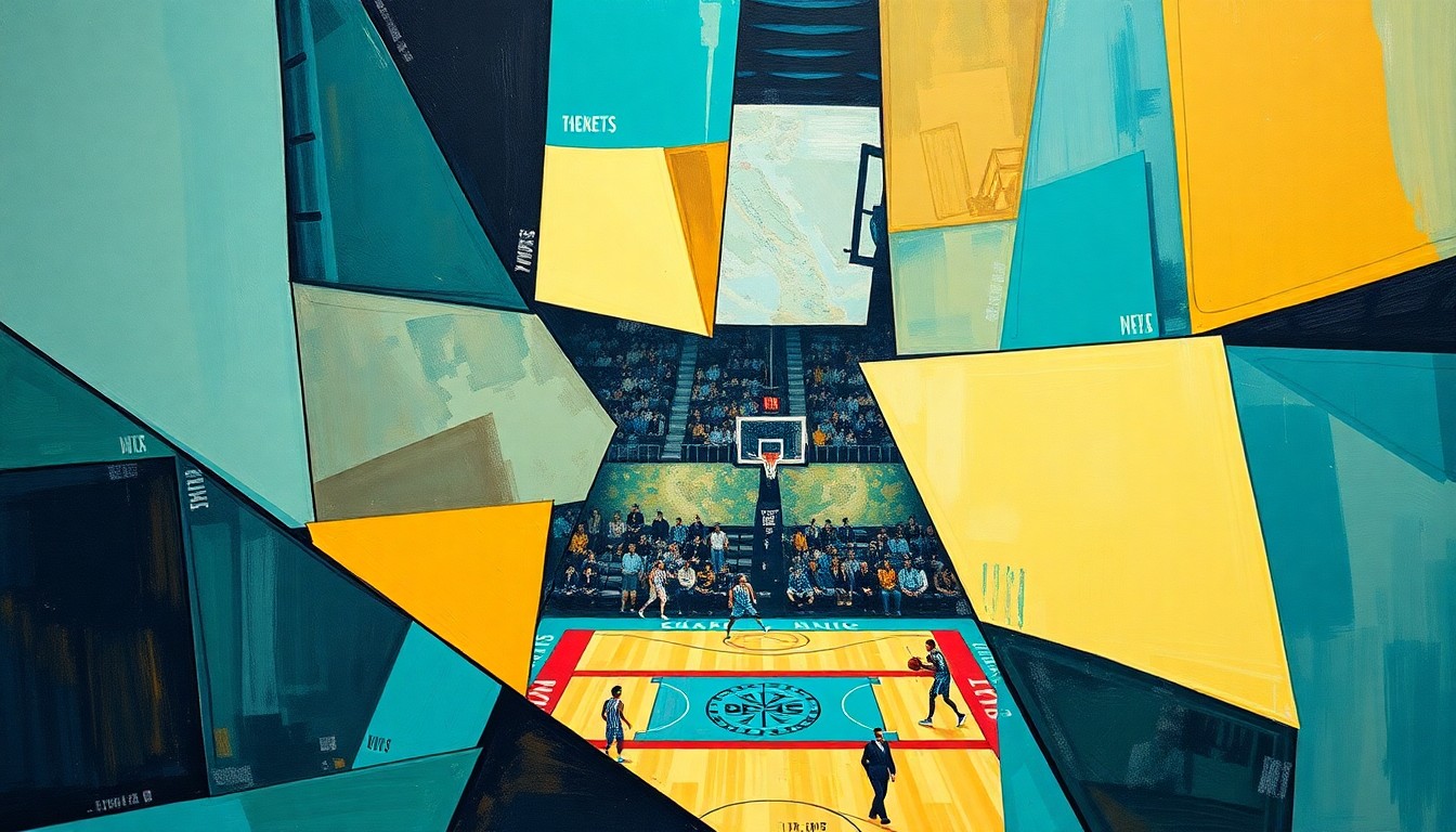 A cubist, geometric painting depicting the action and energy of a basketball game, with players and the court broken down into sharp, overlapping shapes and planes of color.