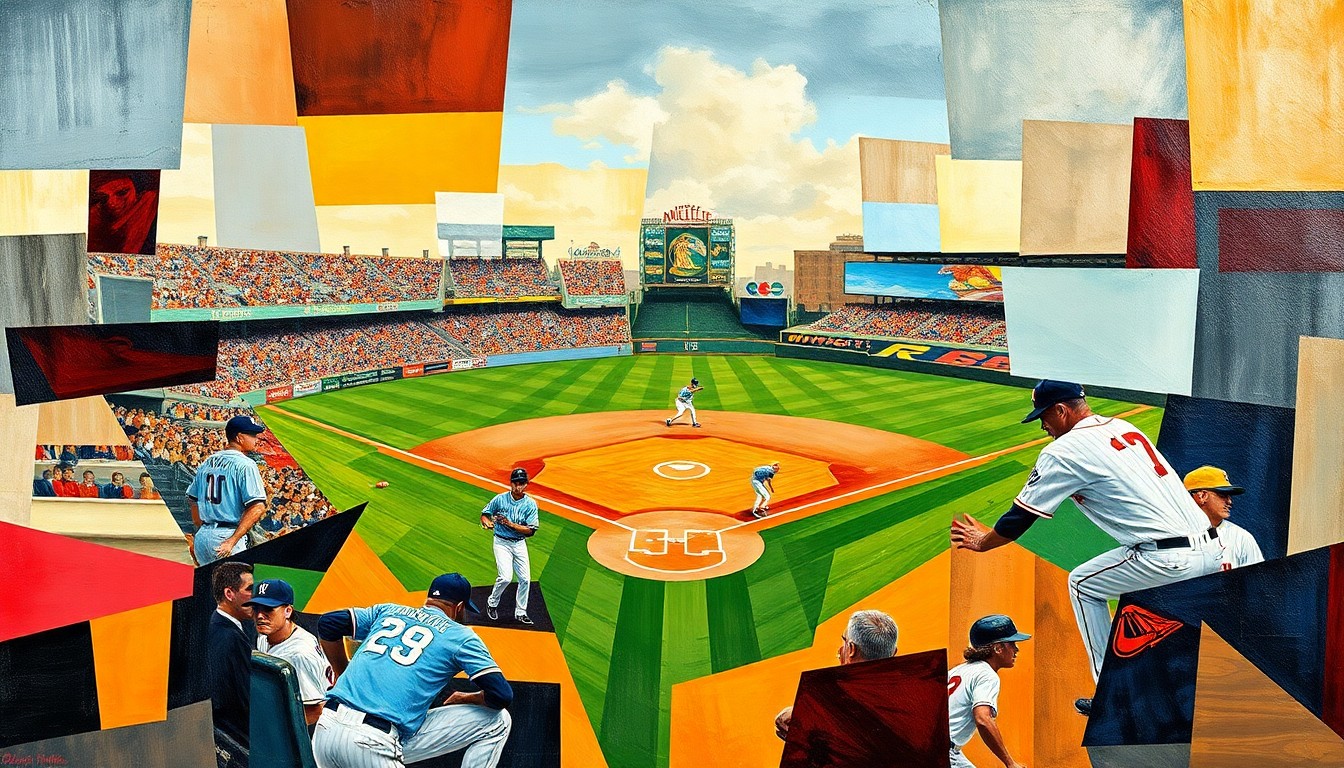 A fragmented, cubist-style painting depicting a baseball game, with the players and field reduced to abstract shapes and planes of color in a dynamic, multi-perspective composition.