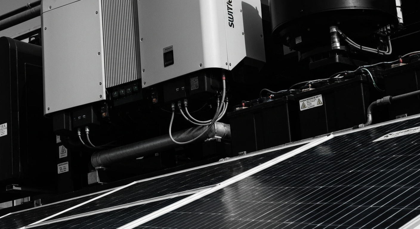 A dramatic close-up of industrial solar energy equipment, conveying the physical power and security of SUNation's energy infrastructure.