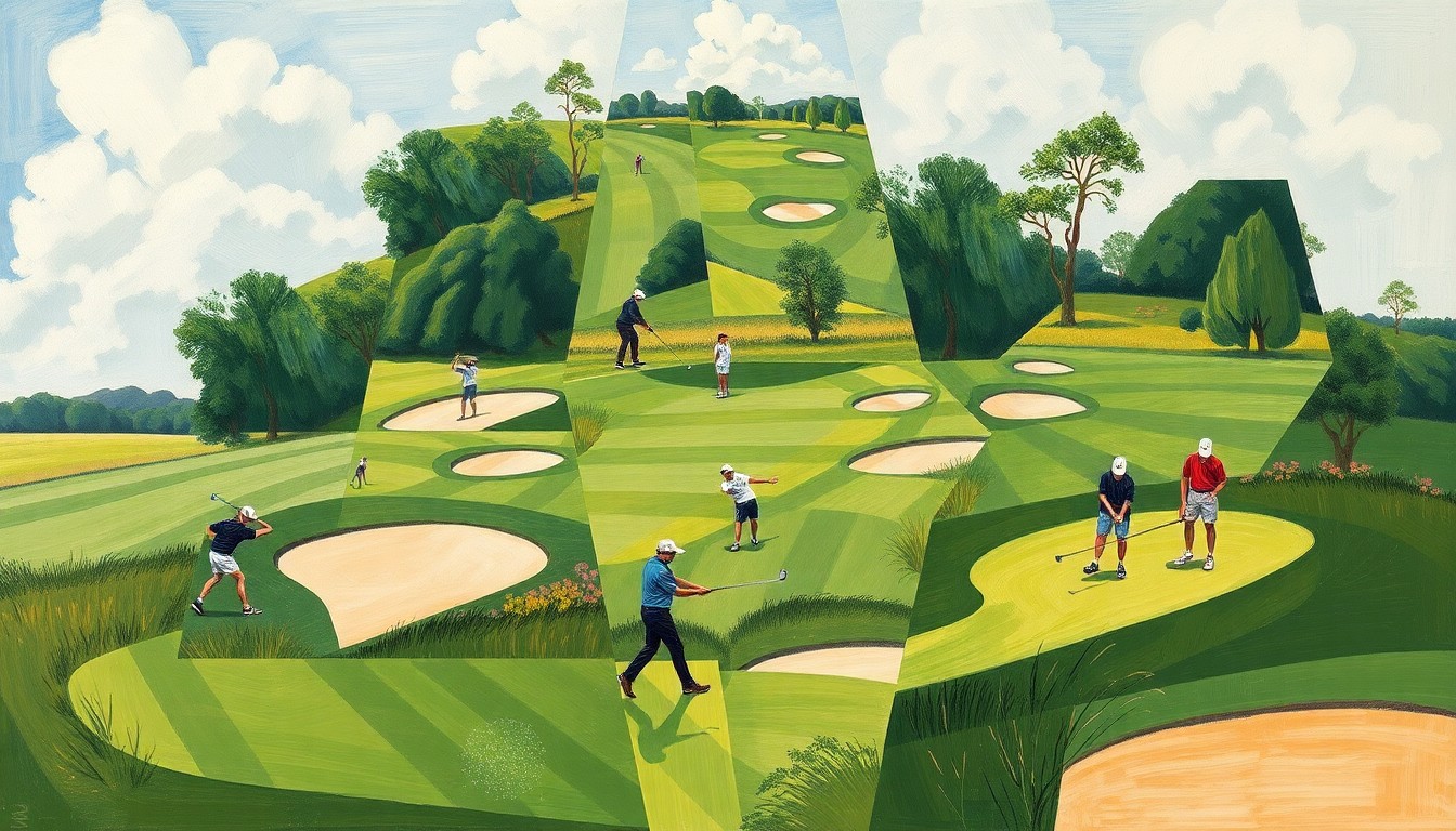 A fragmented, geometric painting depicting the motion and energy of a high school golf match, with overlapping planes of green fairways, sand traps, and golfers in various poses, all rendered in Picasso's distinctive cubist style.