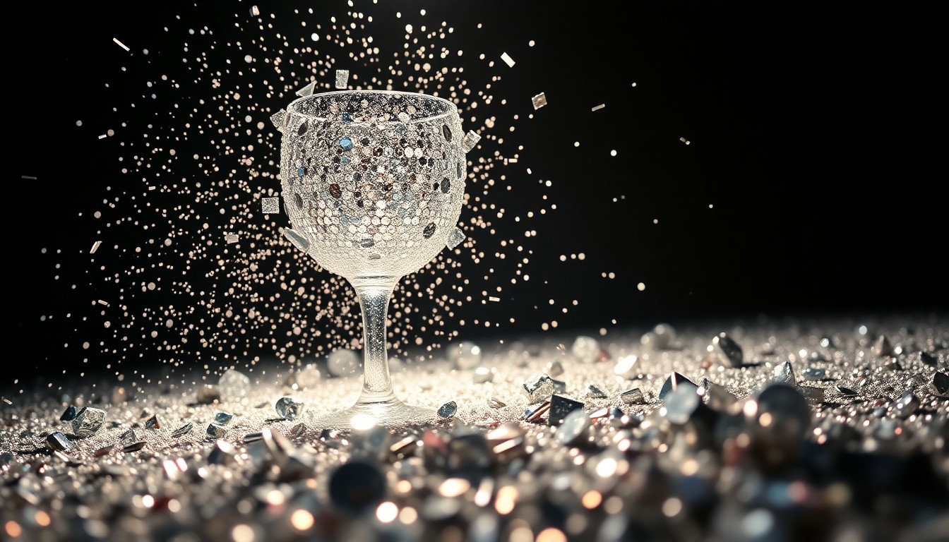 An abstract close-up image of shimmering sequins and shattered glass, capturing the high-energy glamour of a Cardi B concert performance.