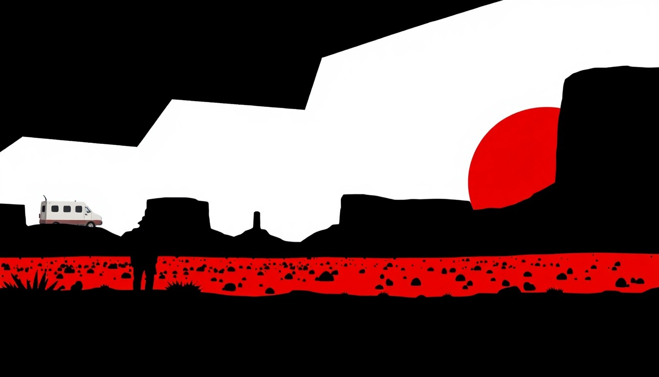 An abstract, minimalist illustration featuring bold, jagged shapes and silhouettes in high-contrast colors, conceptually representing the crime drama series Dark Winds and its Navajo setting.