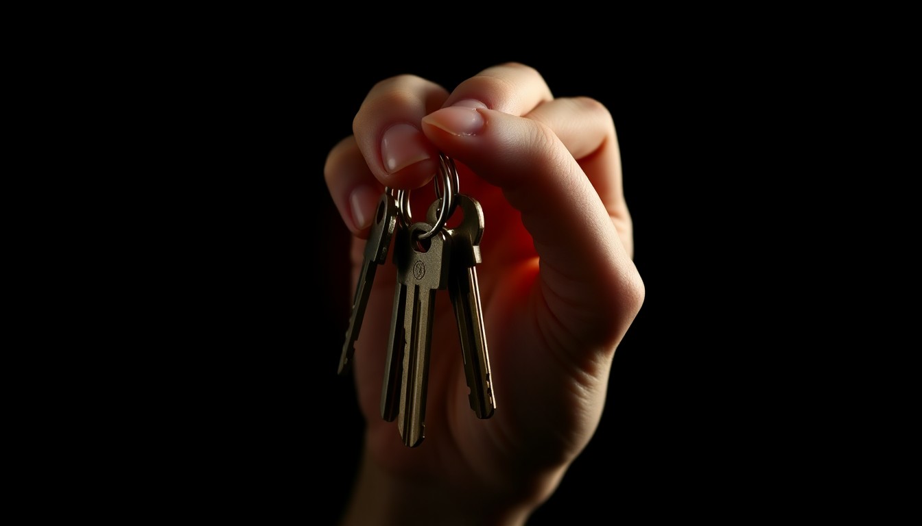 An extreme close-up photograph of a woman's hand holding a set of keys, lit by a harsh, direct camera flash against a pitch-black background, creating a stark, gritty, investigative aesthetic.