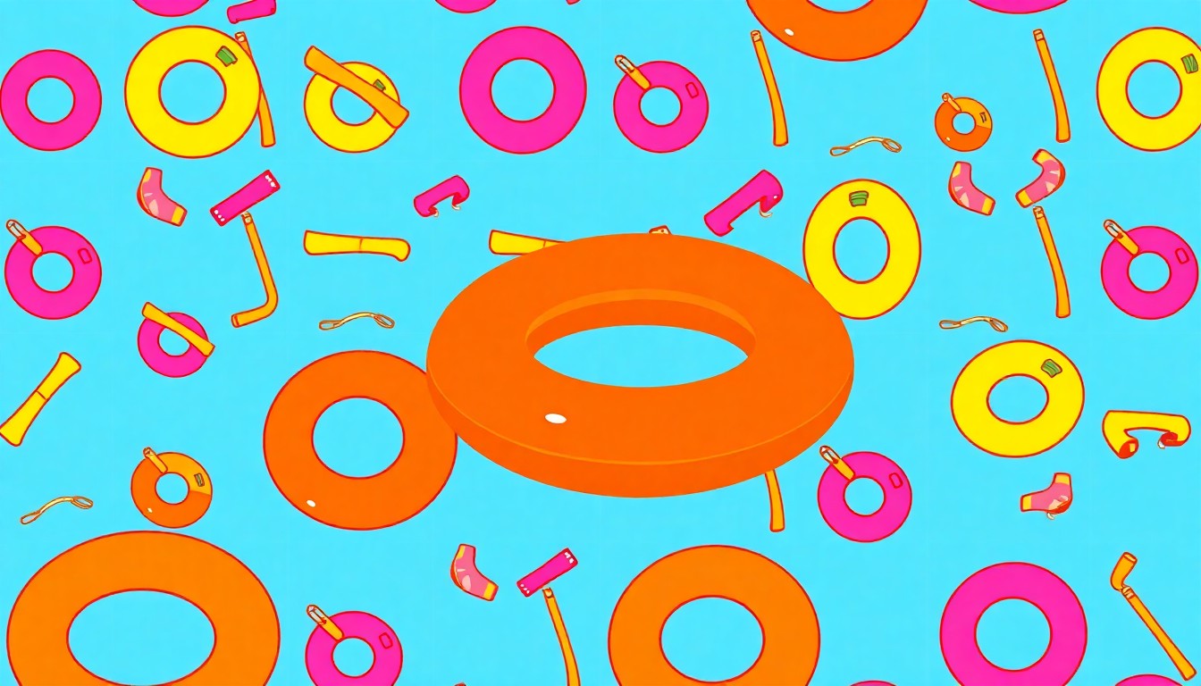 A brightly colored, high-contrast silkscreen print of a swim ring repeated in a tight grid pattern, conceptually representing the variety of unique classes and activities available for young children.