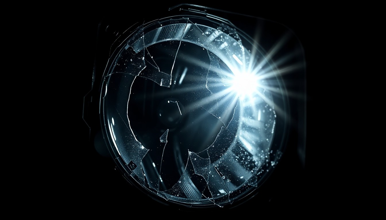 An extreme close-up photograph of a shattered truck headlight lens, the glass reflecting a harsh, direct camera flash against a pitch-black background, conceptually illustrating the gritty aftermath of a deadly freeway collision.