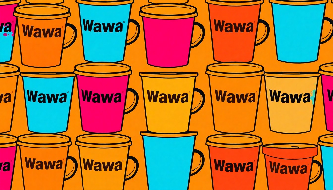 A bold, vibrant silkscreen print featuring a repeated pattern of a Wawa coffee cup in neon colors, conceptually representing the brand's pop culture status in the Philadelphia region.