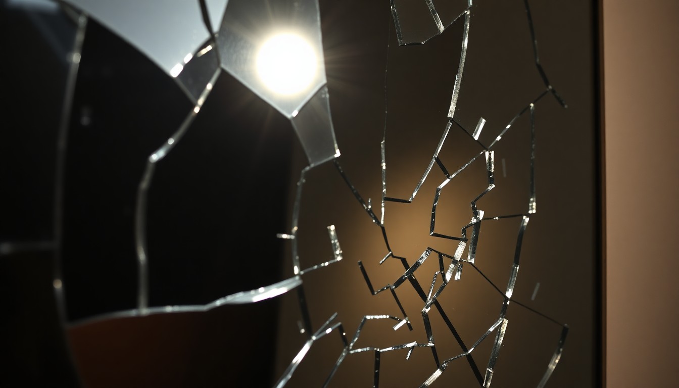 An abstract close-up photograph of shattered glass reflecting dramatic studio lighting, conveying a sense of fragmentation and distortion around the political discourse on comedy and transgender issues.