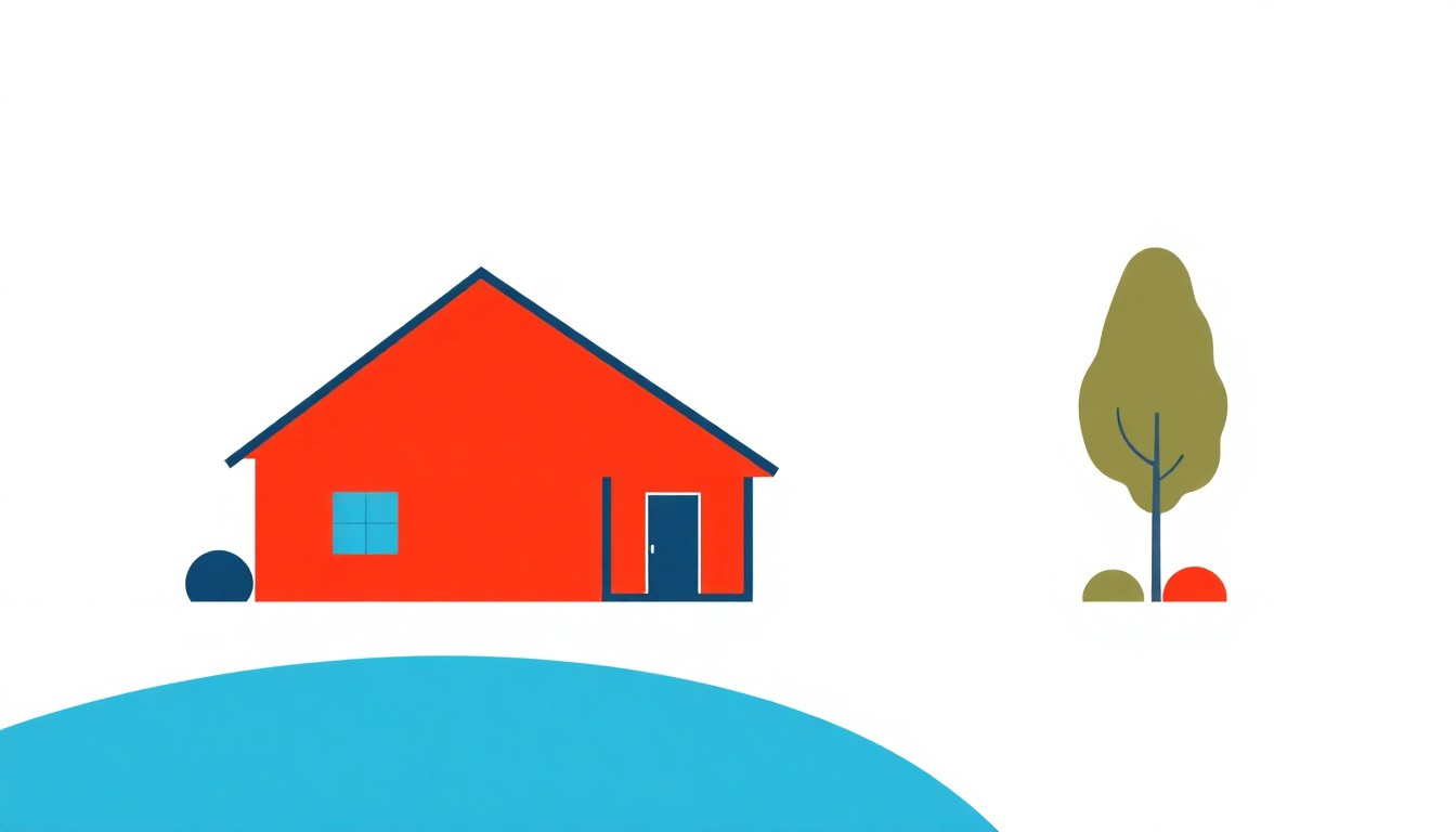 An abstract geometric composition featuring intersecting triangles and rectangles in shades of blue, red, and yellow, conceptually representing the decline in U.S. homebuilder sentiment amid economic uncertainty and rising costs.