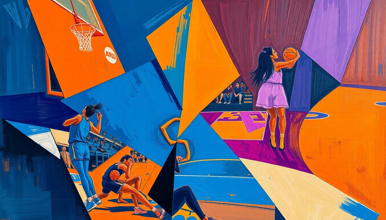 A fractured, cubist-style painting depicting the dynamic movements and energy of a women's basketball game, with sharp geometric shapes and planes in vibrant colors like blue, orange, and purple.