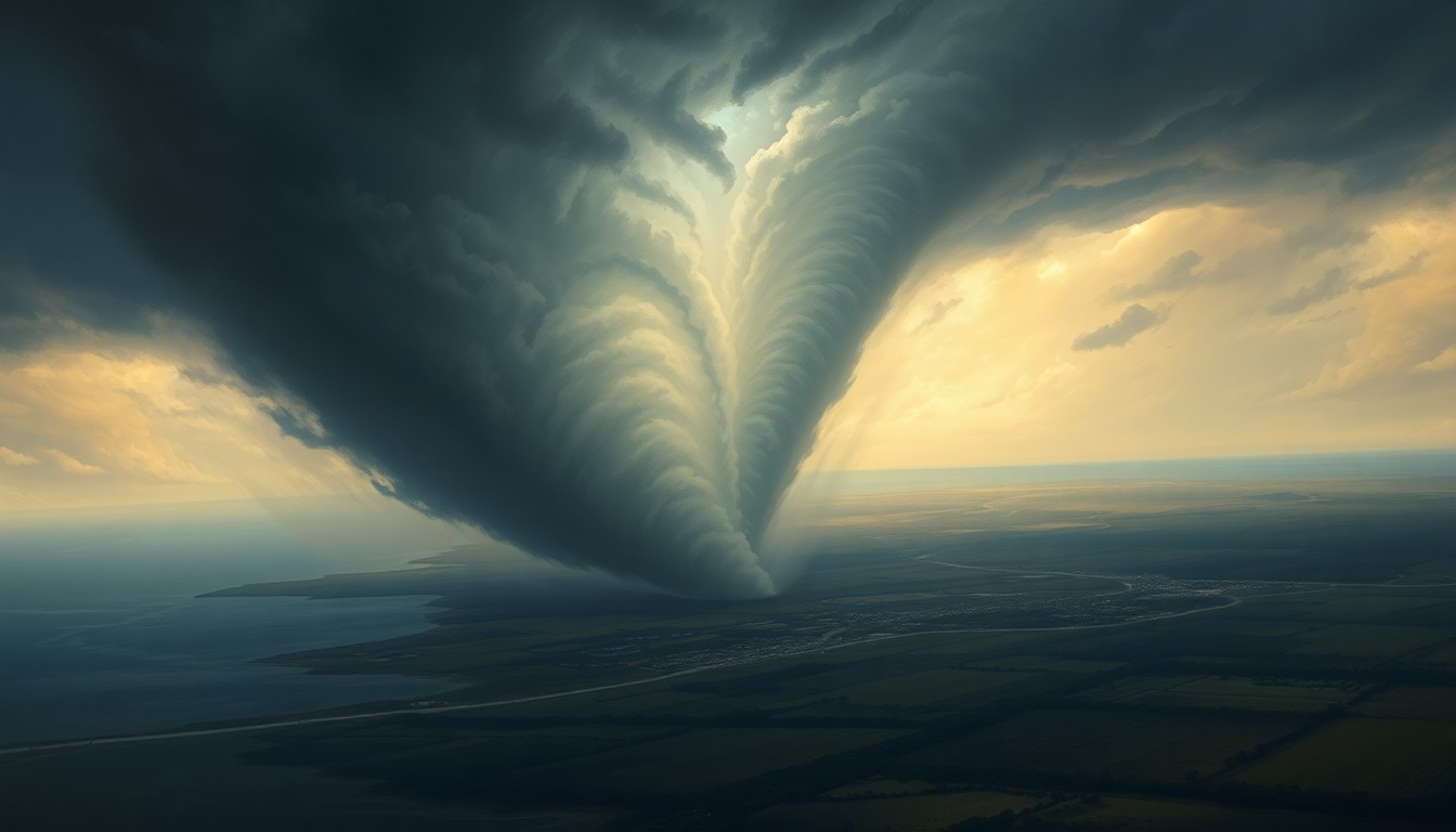 A vast, majestic landscape painting depicting a massive, swirling tornado dominating the scene and dwarfing the town of Fort Myers Beach in the distance, conveying the overwhelming scale and power of the natural disaster.