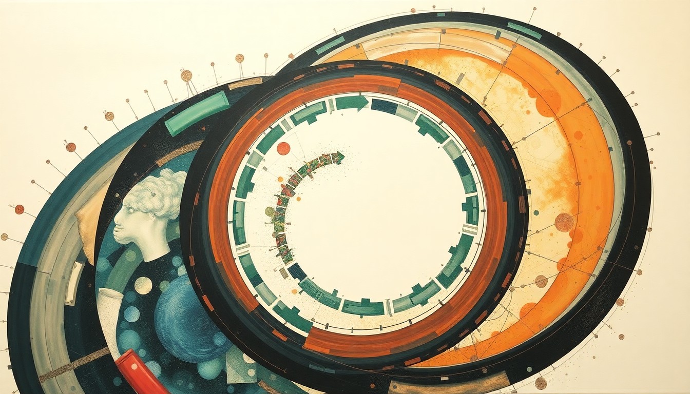 A bold, abstract painting in soft blues, greens, and grays, featuring sweeping geometric arcs, concentric circles, and precise botanical spirals, conceptually representing the complex chemical processes and environmental forces involved in plastic recycling.