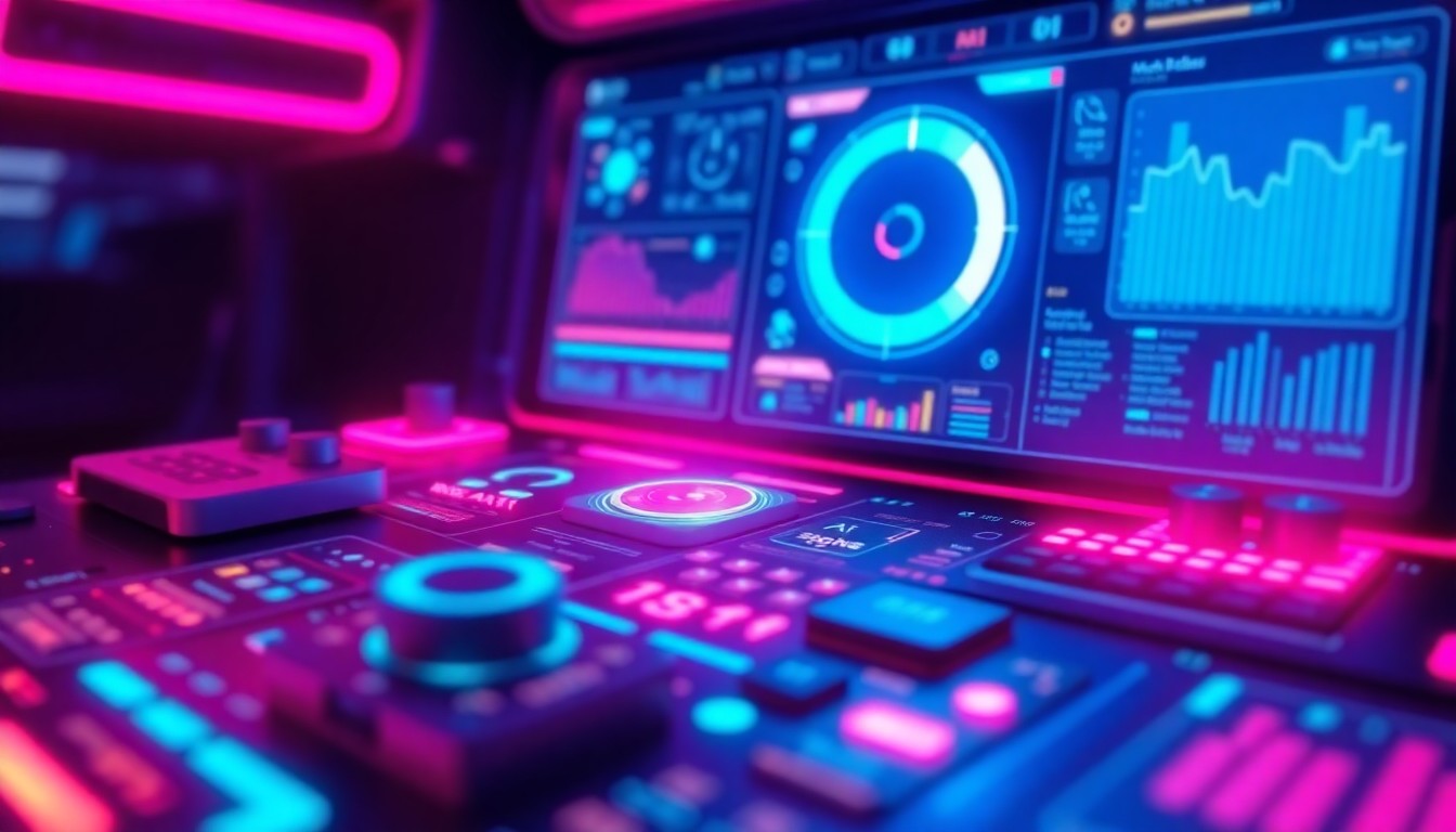 A highly detailed, glowing 3D illustration of a futuristic, neon-lit control panel or dashboard interface, featuring various interactive elements, data visualizations, and intuitive controls, all bathed in a vibrant palette of cyan, magenta, and electric blue, conceptually representing the autonomous, AI-powered capabilities of the MarkBase platform.