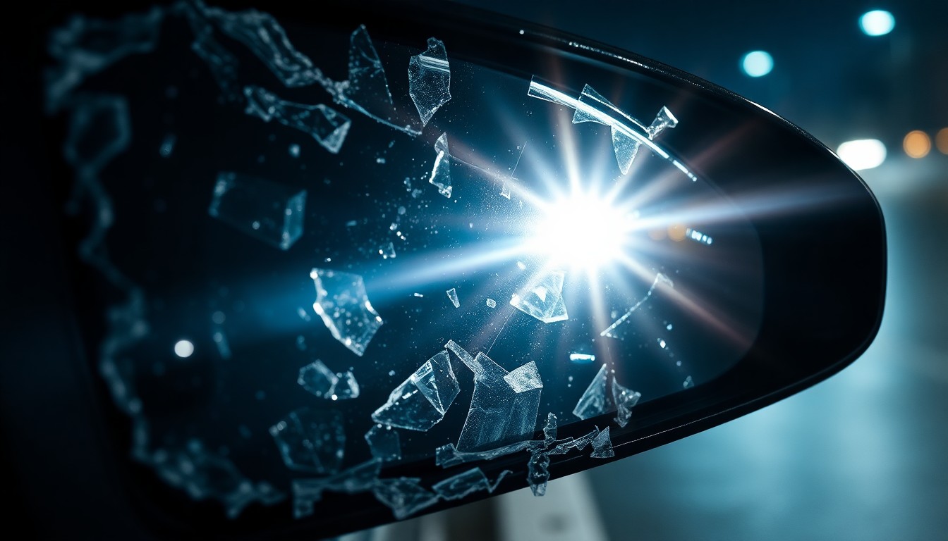An extreme close-up of a shattered car side mirror reflecting the harsh glare of a camera flash, conveying the sudden and violent nature of a hit-and-run accident.