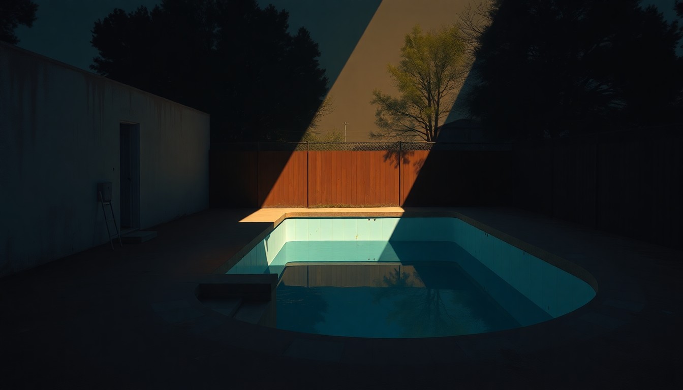 A serene, photorealistic painting of an empty, partially excavated backyard swimming pool surrounded by construction debris and overgrown weeds, bathed in warm, golden sunlight that casts deep shadows across the scene, conveying a sense of melancholy and neglect.
