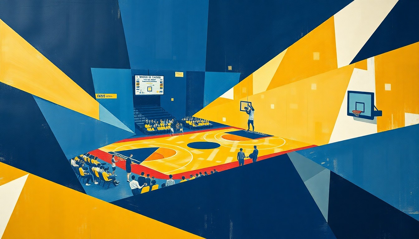 A cubist, geometric painting depicting the fractured, overlapping action of a college basketball game, with sharp planes of navy blue, gold, and white representing the dynamic energy of the sport.