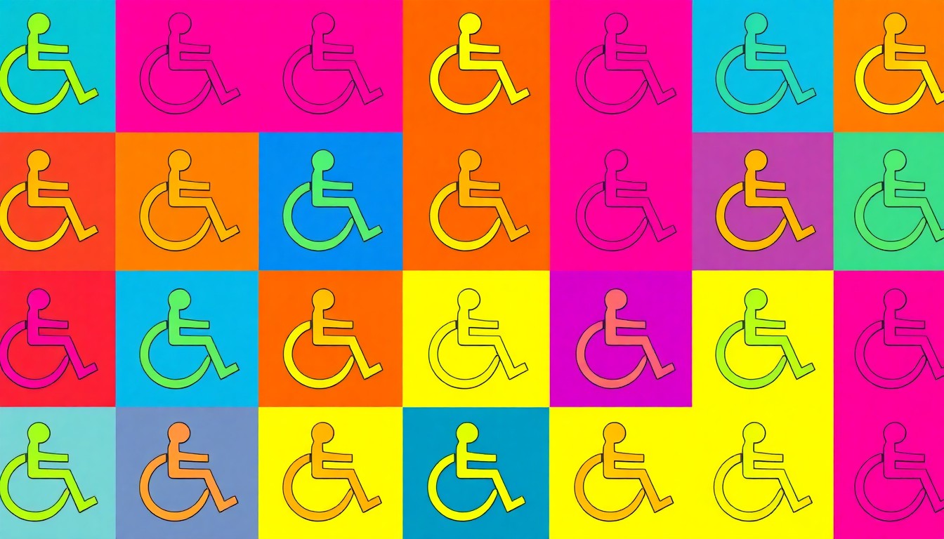 A bold, colorful silkscreen-style illustration featuring a wheelchair icon repeated in a grid pattern, conceptually representing the need for more accessible and affordable housing options.