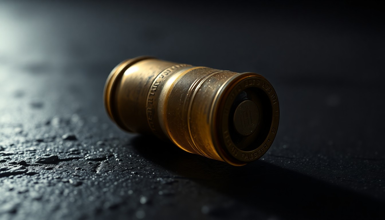 An extreme close-up of a spent shell casing reflecting a bright, direct flash of light, conceptually illustrating the investigation into a violent crime.