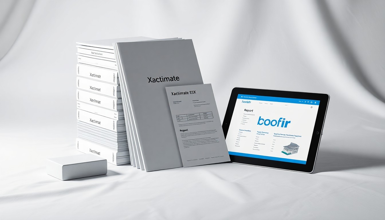 A photorealistic studio still-life featuring a stack of Xactimate ESX files, a Roofr report, and a tablet displaying the Roofr platform, arranged elegantly on a clean, white background to symbolize the improved workflow and accuracy for insurance claims.