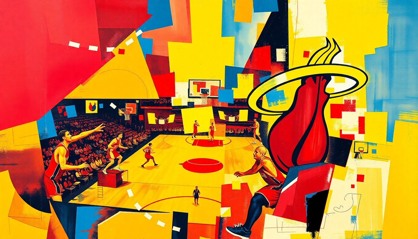 A fragmented, geometric painting in shades of red, yellow, and blue, depicting the dynamic movements and competing forces of a basketball game or match, conveying the conceptual tension and strategic maneuvering surrounding a potential Giannis Antetokounmpo trade.