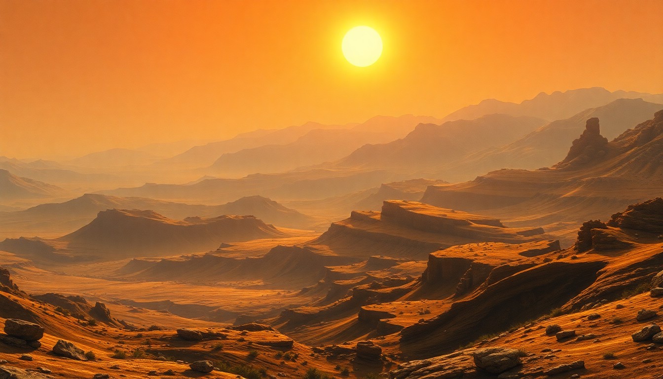 A sweeping, atmospheric landscape painting in muted earth tones, with a hazy, sun-drenched valley stretching out into the distance, conveying the overwhelming scale and power of the natural environment.