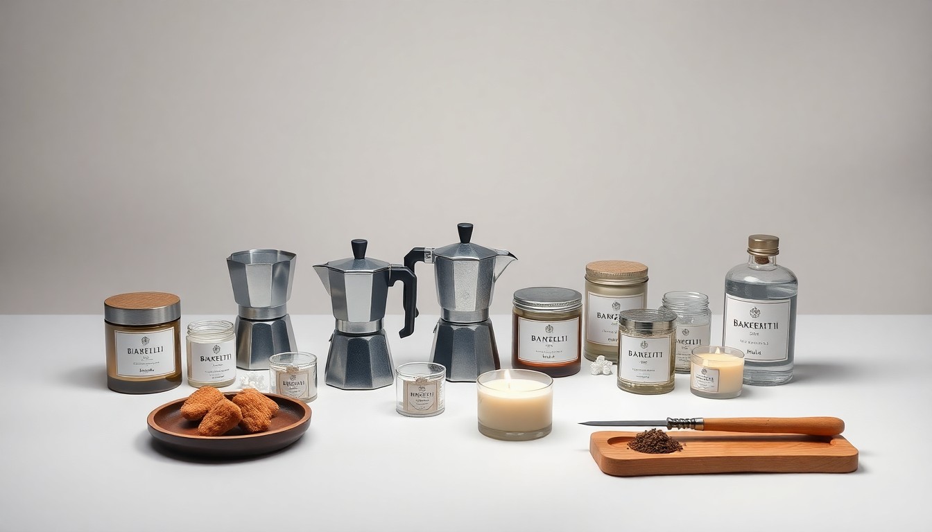 A high-end studio still life photograph featuring a collection of premium kitchen and home goods products, including a Bialetti Moka pot, artisanal candles, and other specialty accessories, arranged elegantly on a clean, monochromatic background to showcase the quality and craftsmanship of the S. Feldman Housewares product selection.