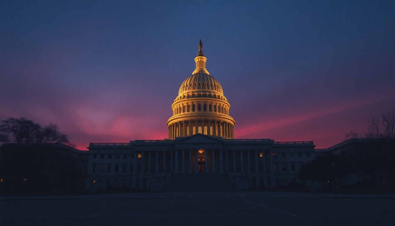 A quiet, cinematic painting of the U.S. Capitol building at dusk, with the iconic dome bathed in warm, diagonal sunlight and deep shadows, conceptually representing the uncertainty and challenges facing Congressional leadership.