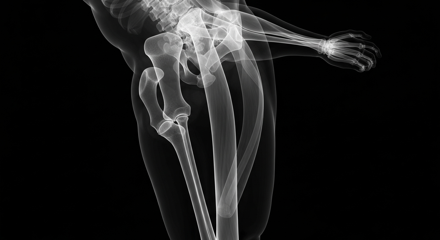 An extreme close-up X-ray photograph revealing the intricate muscle structure of a human leg, conceptually illustrating the internal workings of the body that e-stim therapy aims to target.