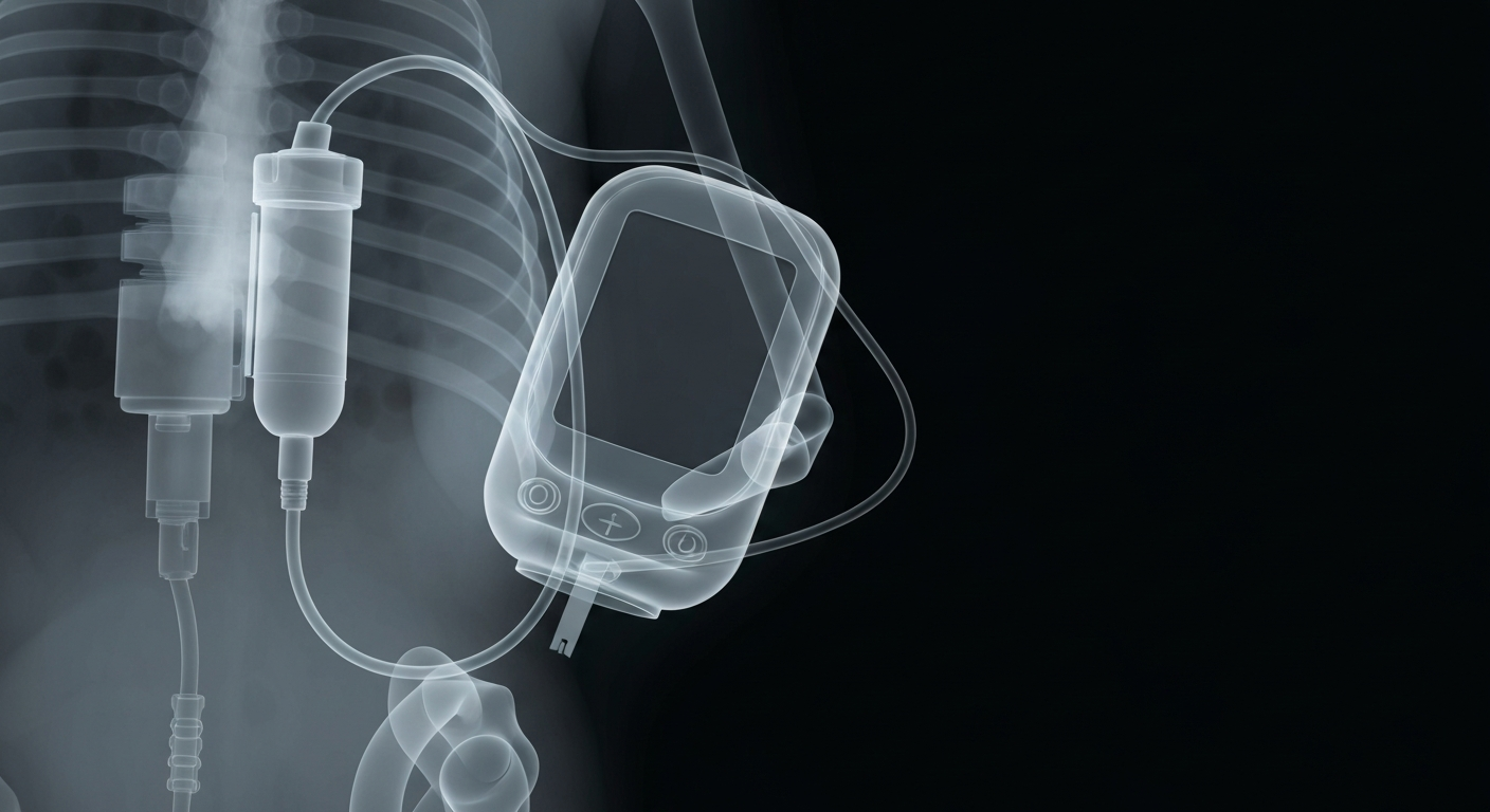 A translucent X-ray photograph revealing the internal structure of an insulin pump and glucose monitor, conceptually representing the medical devices required to manage Type 1 diabetes.