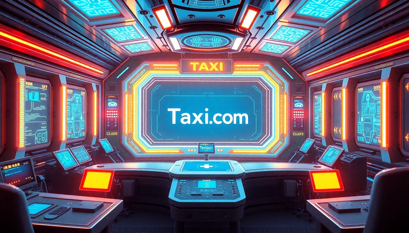 A highly detailed, glowing 3D illustration of a futuristic transportation control center, with illuminated holographic displays, neon-lit control panels, and a central hub representing the Taxi.com domain as the connective tissue for a global robotaxi network, conceptually illustrating the domain's strategic relevance in the autonomous mobility landscape.