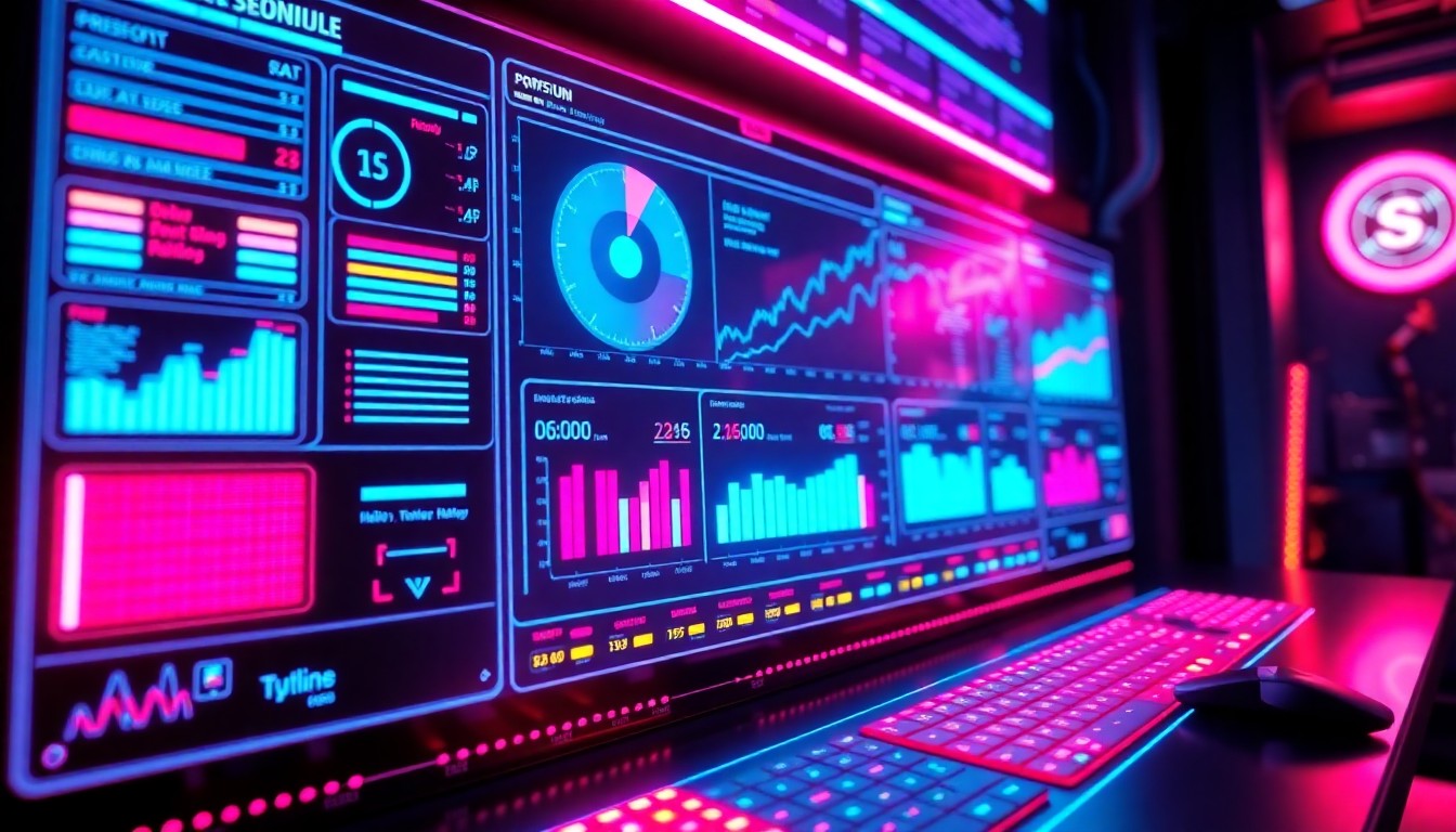 A highly detailed, 3D illustration of a glowing, neon-lit digital control panel or dashboard, representing the advanced AI-powered analytics capabilities of an advertising technology platform. The panel features recognizable digital elements like buttons, sliders, and data visualizations, all illuminated by vibrant cyan and magenta lights.