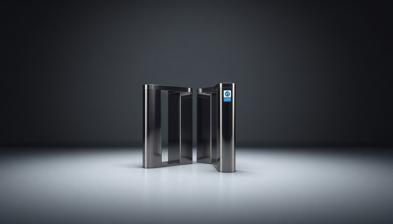A high-end, photorealistic studio still-life photograph of a sleek, modern CTA train station turnstile made of polished stainless steel and glass, floating on a clean, monochromatic background with dramatic lighting and deep shadows, conceptually representing the sophisticated upgrades to the State/Lake station.