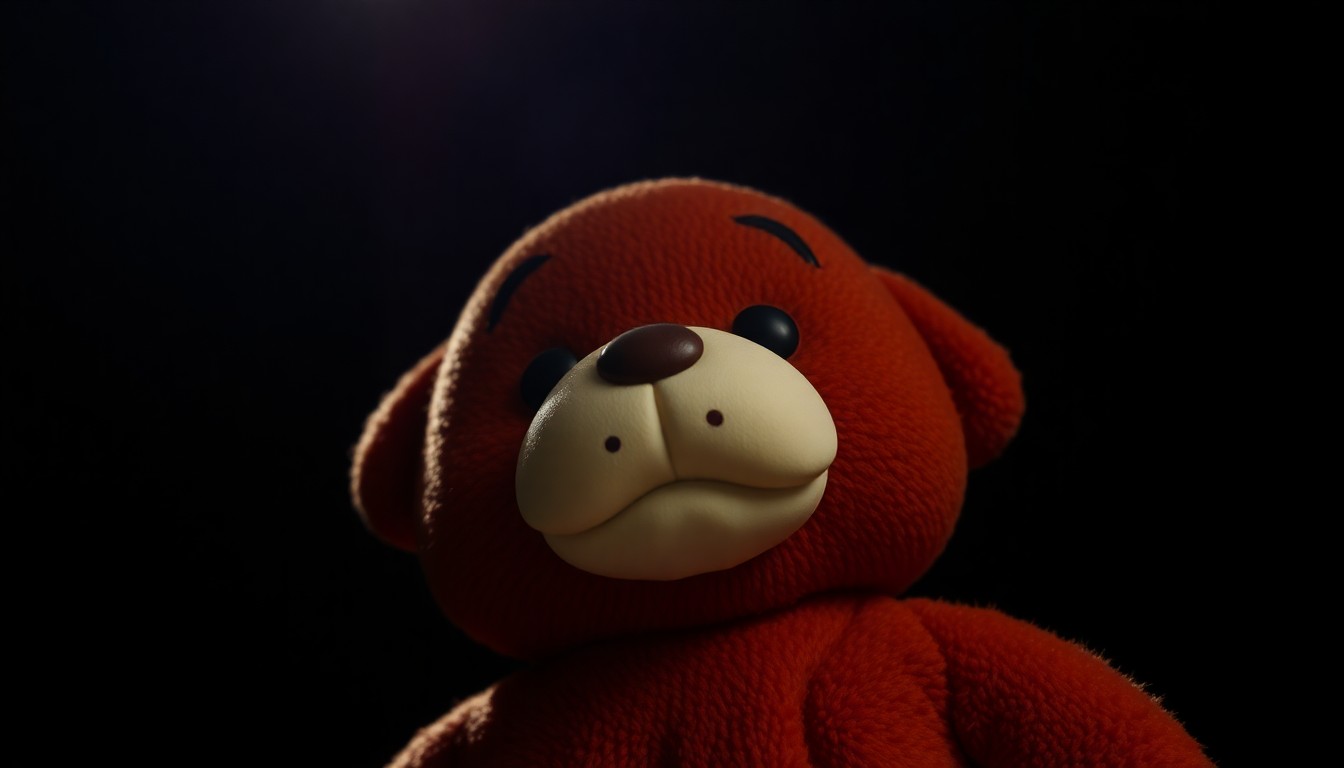 An extreme close-up photograph of a child's toy, such as a stuffed animal or action figure, lit by a harsh, direct camera flash against a pitch-black background, creating a stark, gritty, investigative aesthetic that conceptually represents the trauma of a child's abduction.