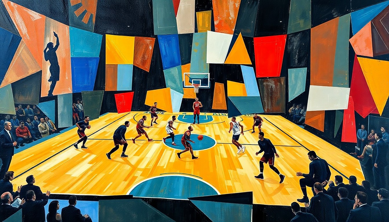 A cubist, geometric painting depicting the dynamic movement and energy of a basketball game, with the players and court deconstructed into abstract shapes and planes of color.