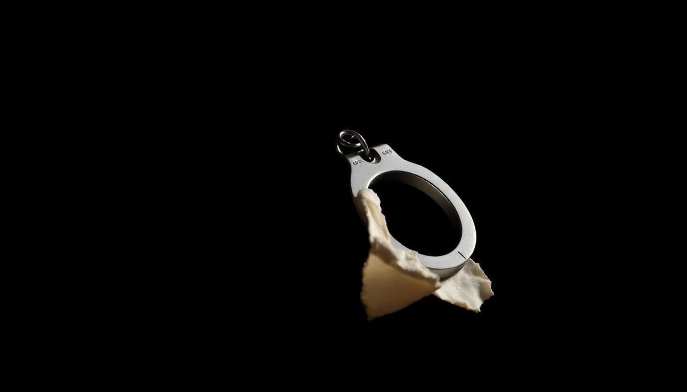 An extreme close-up of a handcuff or torn piece of clothing, dramatically lit by a harsh camera flash against a pitch-black background, conceptually representing the gravity and intensity of the legal proceedings around a sensitive sexual assault case.