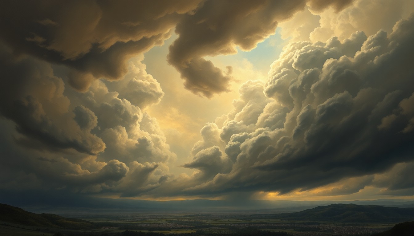 A dramatic landscape painting in muted tones of gray, blue, and orange, with a stormy sky dominating the frame and a small town in the distance, its structures dwarfed by the immense scale of the natural forces at play.