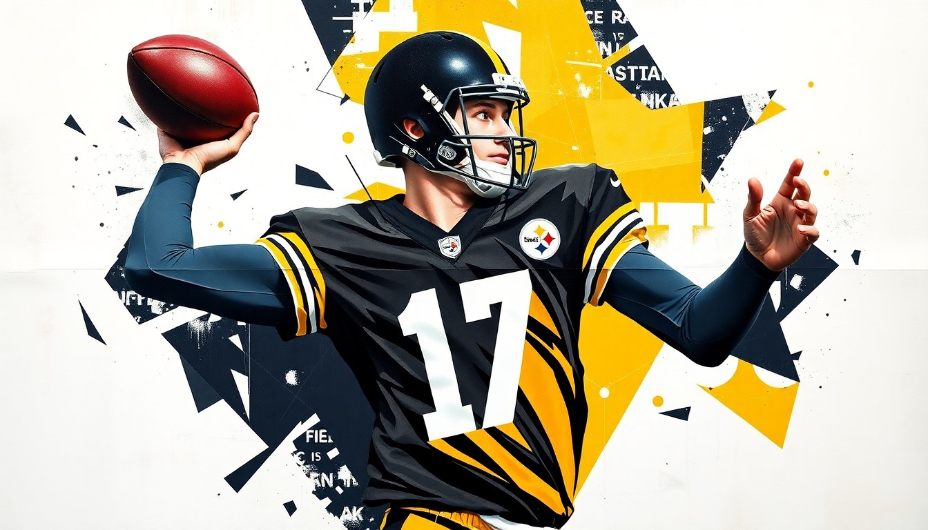 A fractured, cubist-style painting depicting a quarterback's throwing motion broken down into sharp, overlapping geometric shapes in the black, gold, and white colors of the Pittsburgh Steelers.
