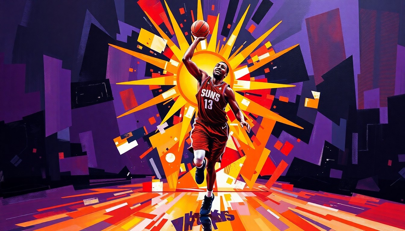 A fragmented, cubist-style painting depicting the dynamic movements and energy of a basketball player on the court, rendered in the vibrant colors of the Phoenix Suns' team palette.