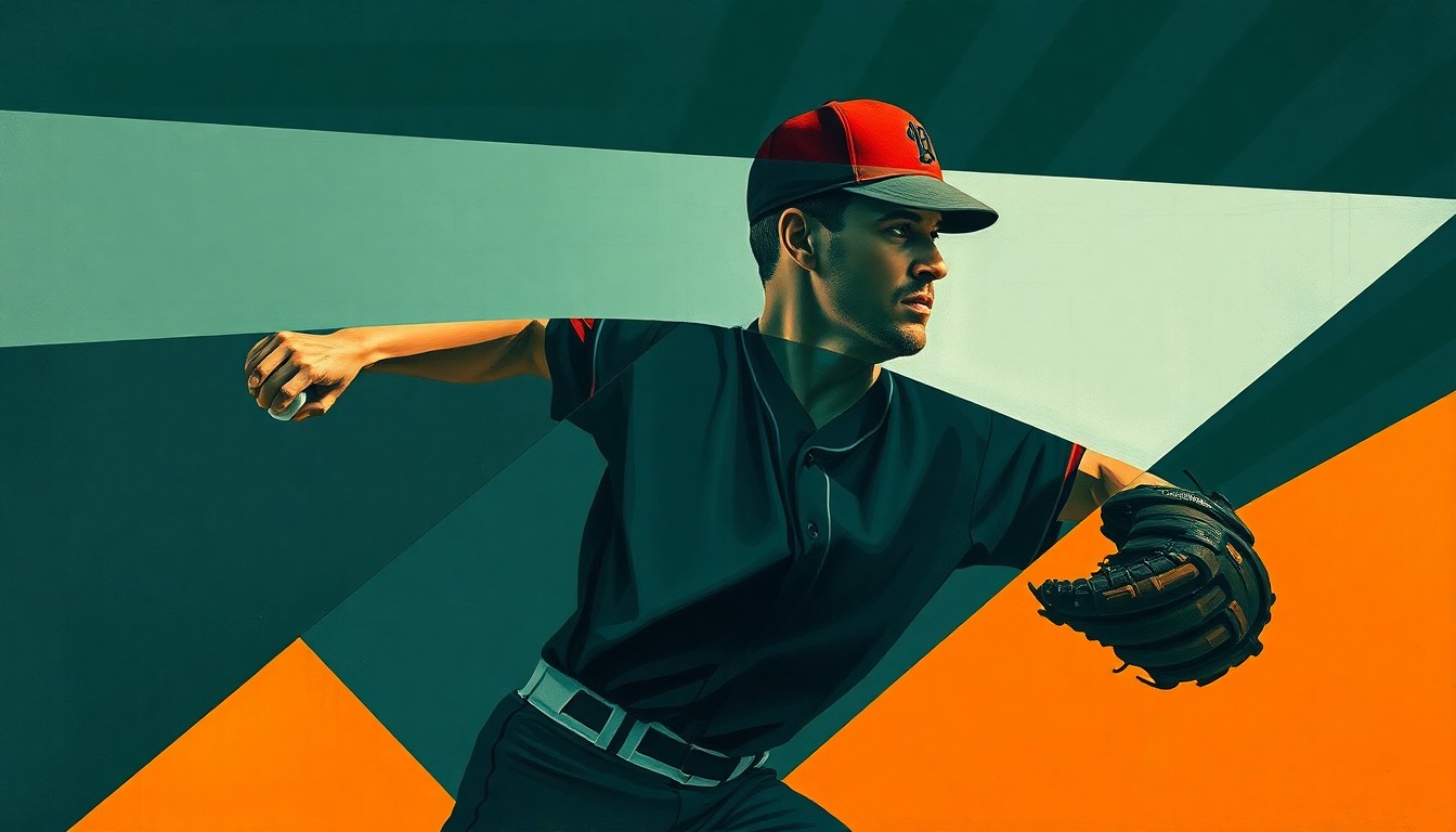 A fragmented, geometric painting depicting a baseball pitcher's windup and delivery, with sharp, overlapping planes in muted tones of navy, forest green, and burnt orange, capturing the intricate and multifaceted nature of the Cubs' search for pitching reinforcements.
