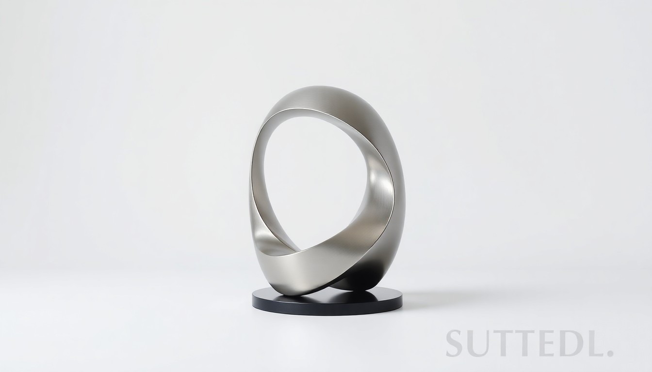 A highly polished, geometric sculpture made of brushed stainless steel, reflecting light and shadows in a minimalist studio setting, conceptually representing the luxury and exclusivity of a multimillion-dollar real estate transaction.