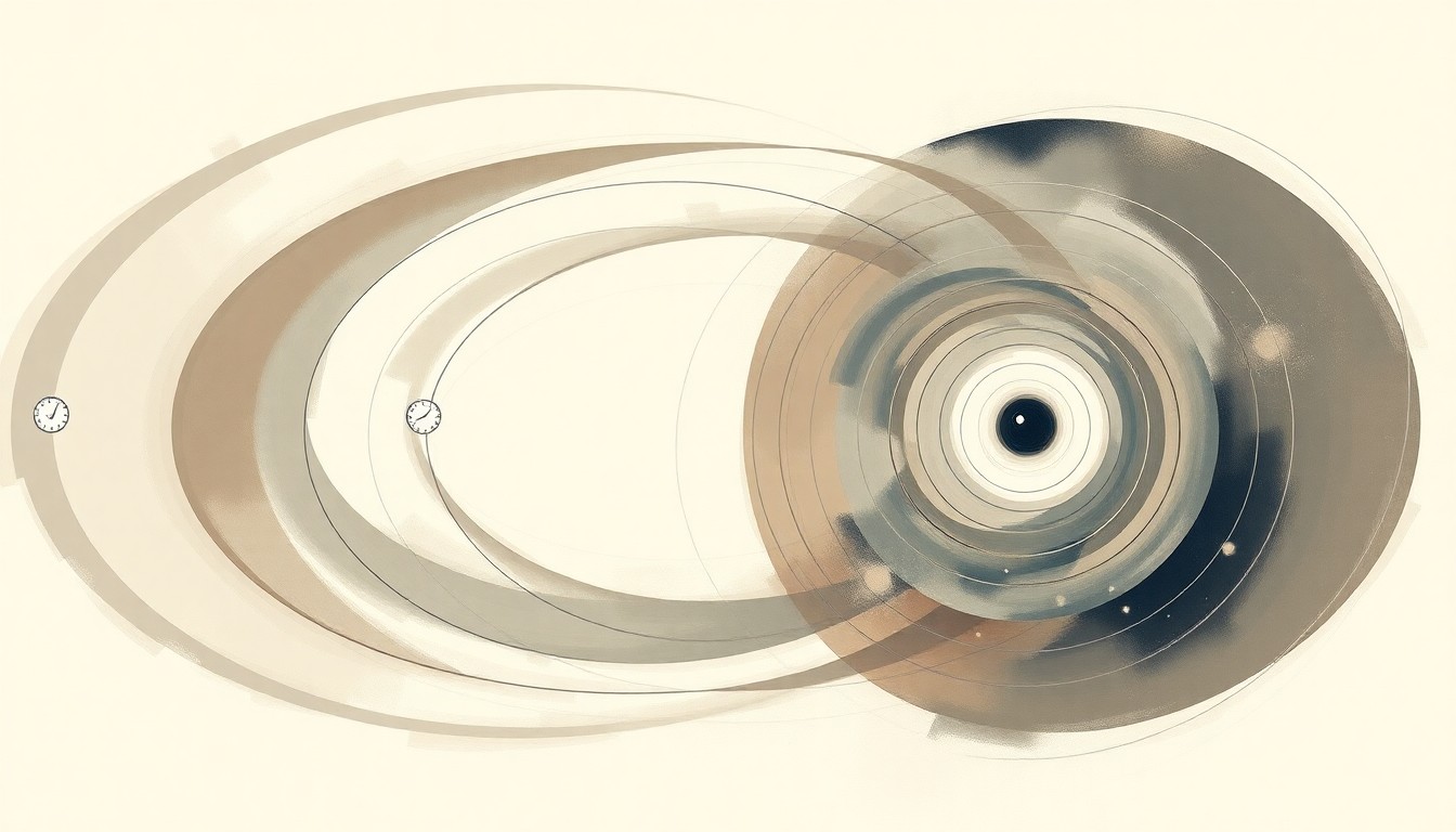 An abstract painting composed of interlocking geometric shapes and sweeping lines in shades of blue, green, and purple, conveying the complex interactions of quantum forces and properties.