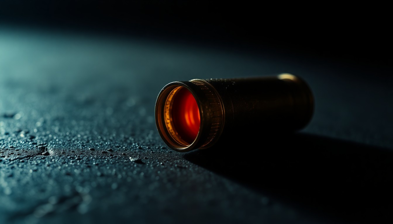 An extreme close-up of a spent shell casing on a dark, textured surface, creating a stark, gritty, investigative aesthetic that conceptually represents the evidence of a violent incident.