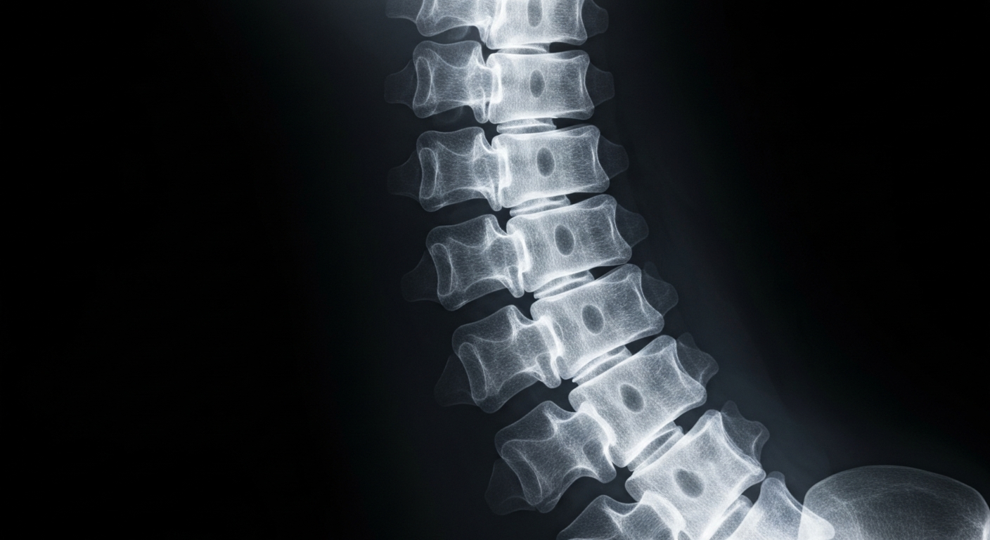 An extreme close-up X-ray photograph of a human spine, with the vertebrae and discs glowing against a dark background, conceptually representing the clinical precision and attention to detail required to achieve a deficiency-free healthcare facility inspection.