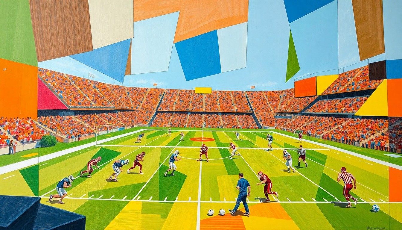 A cubist, geometric painting depicting a college football field and players in motion, with sharp, overlapping planes of orange, blue, and green, conveying the energy and intensity of the sport.